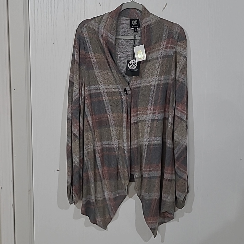 Bobeau Womens Gray Pink Plaid Pointed Hem Cardigan Jacket Size XL New With Tags - Picture 6 of 6